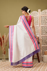 White Soft Silk Solid Kasavu Saree