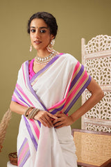 White Soft Silk Solid Kasavu Saree