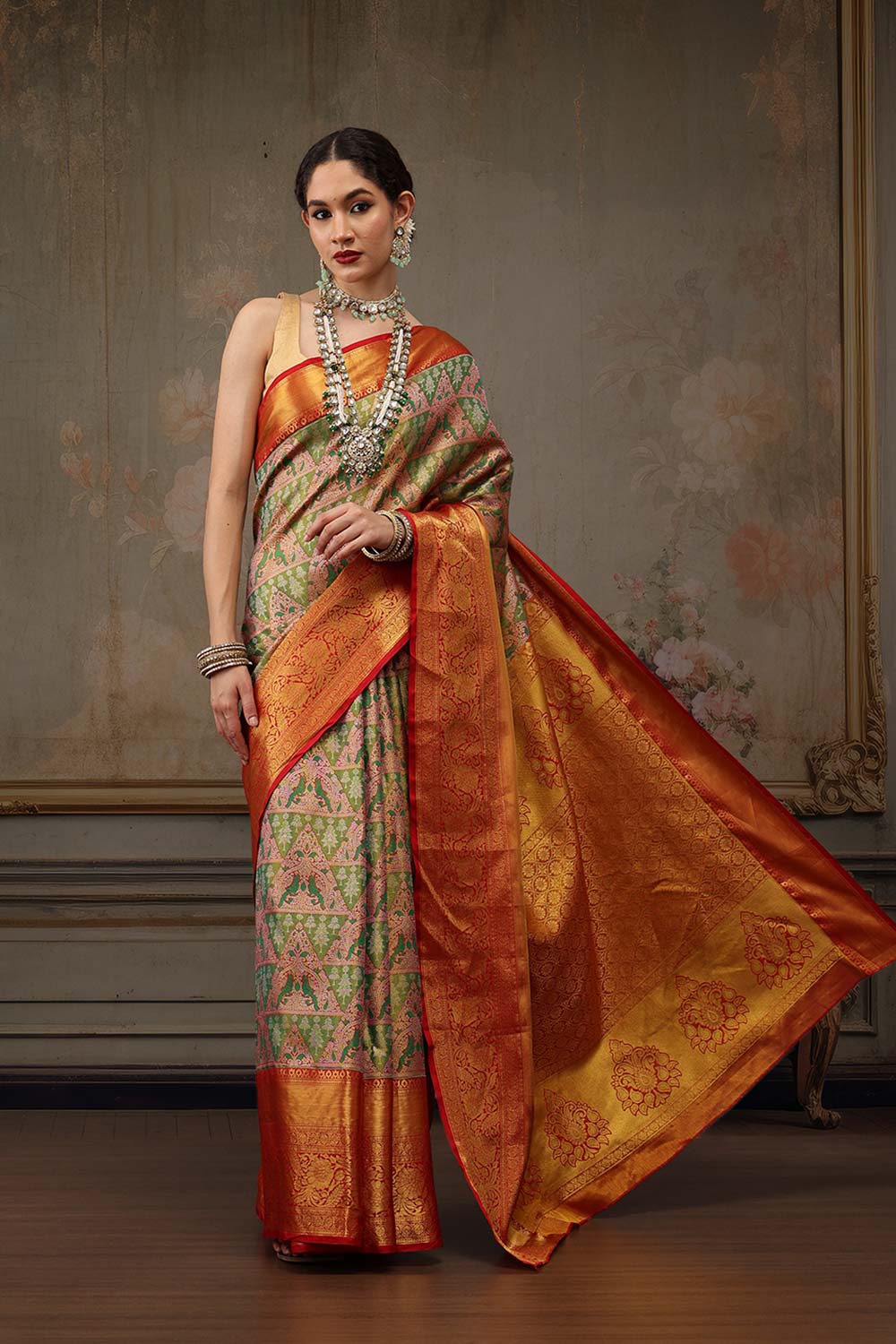 Green/Red Pure Silk Woven Design Banarasi Saree