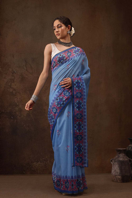 Sky Blue Floral Printed Cotton Blend Saree