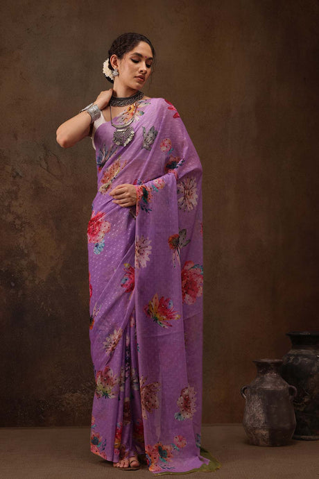 Purple Chiffon Digital Print Floral Saree