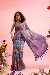 Blue Cotton Digital Print Banarasi Saree