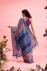 Blue Cotton Digital Print Banarasi Saree