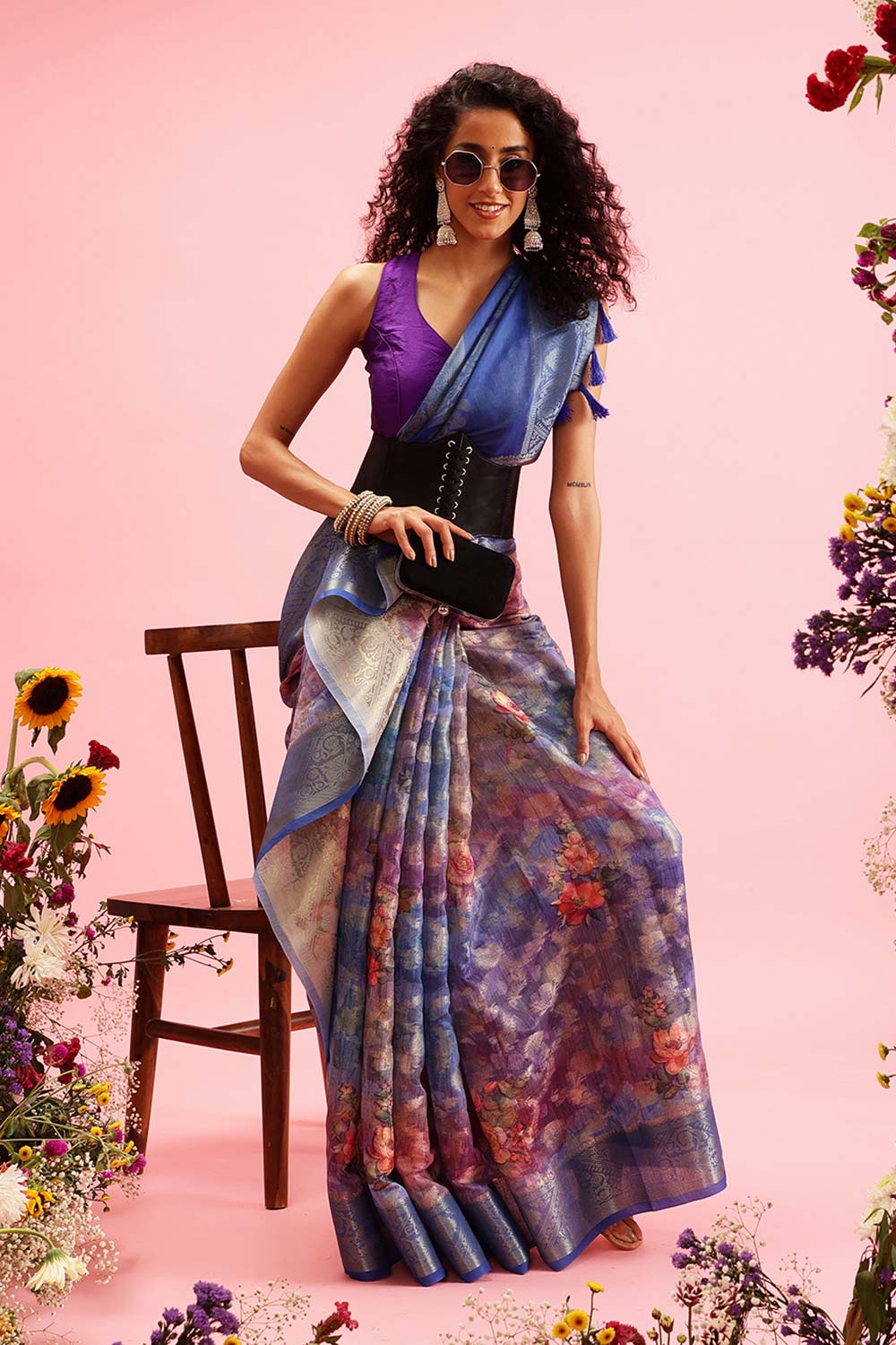 Blue Cotton Digital Print Banarasi Saree