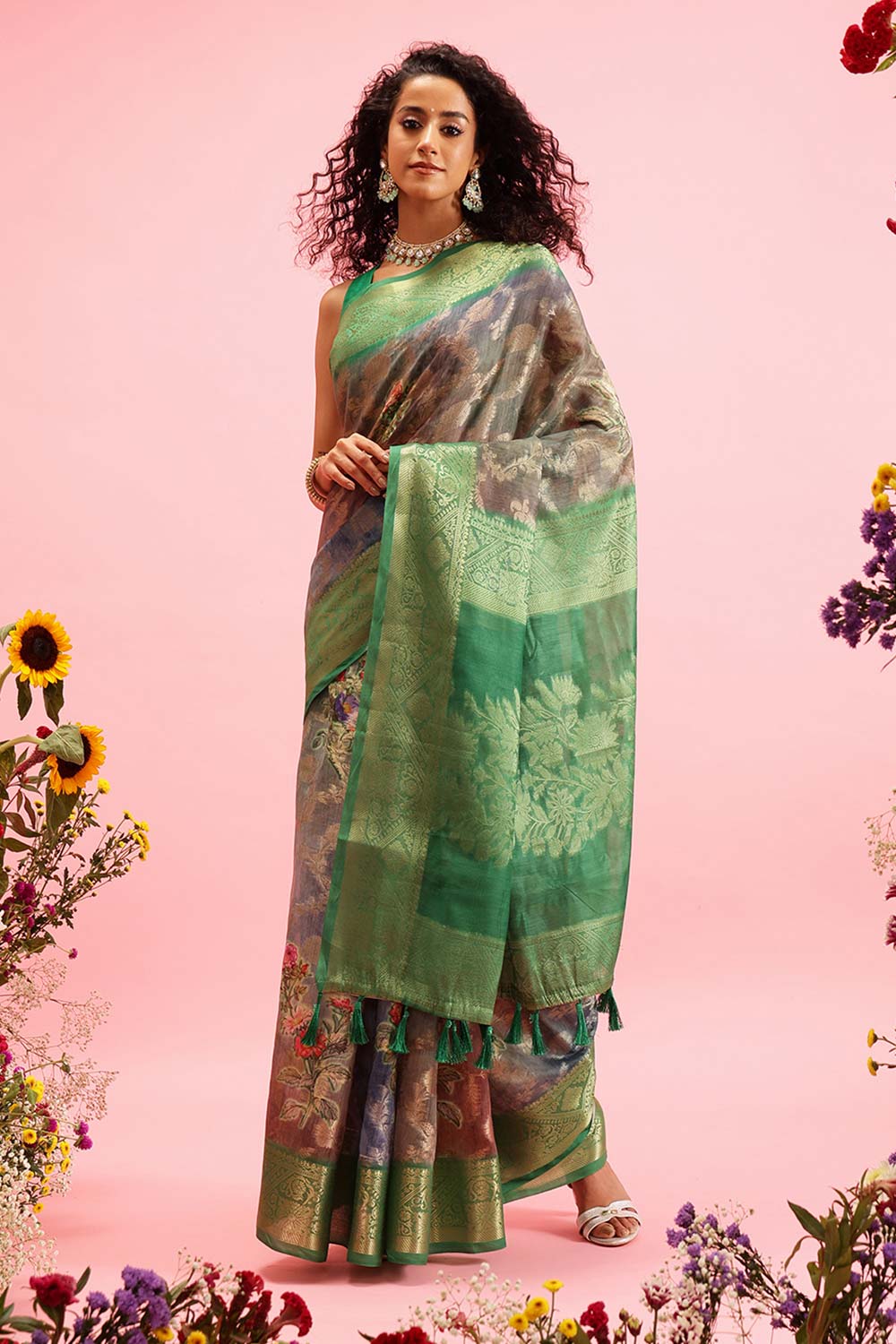 Green Cotton Digital Print Banarasi Saree