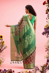 Green Cotton Digital Print Banarasi Saree