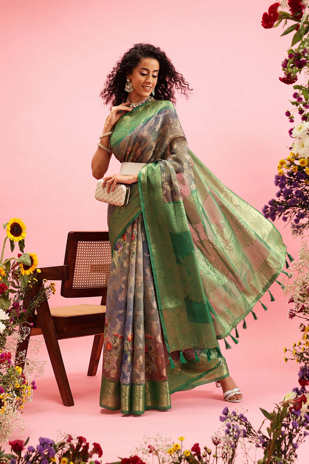 Green Cotton Digital Print Banarasi Saree