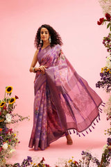 Lavender Cotton Digital Print Banarasi Saree