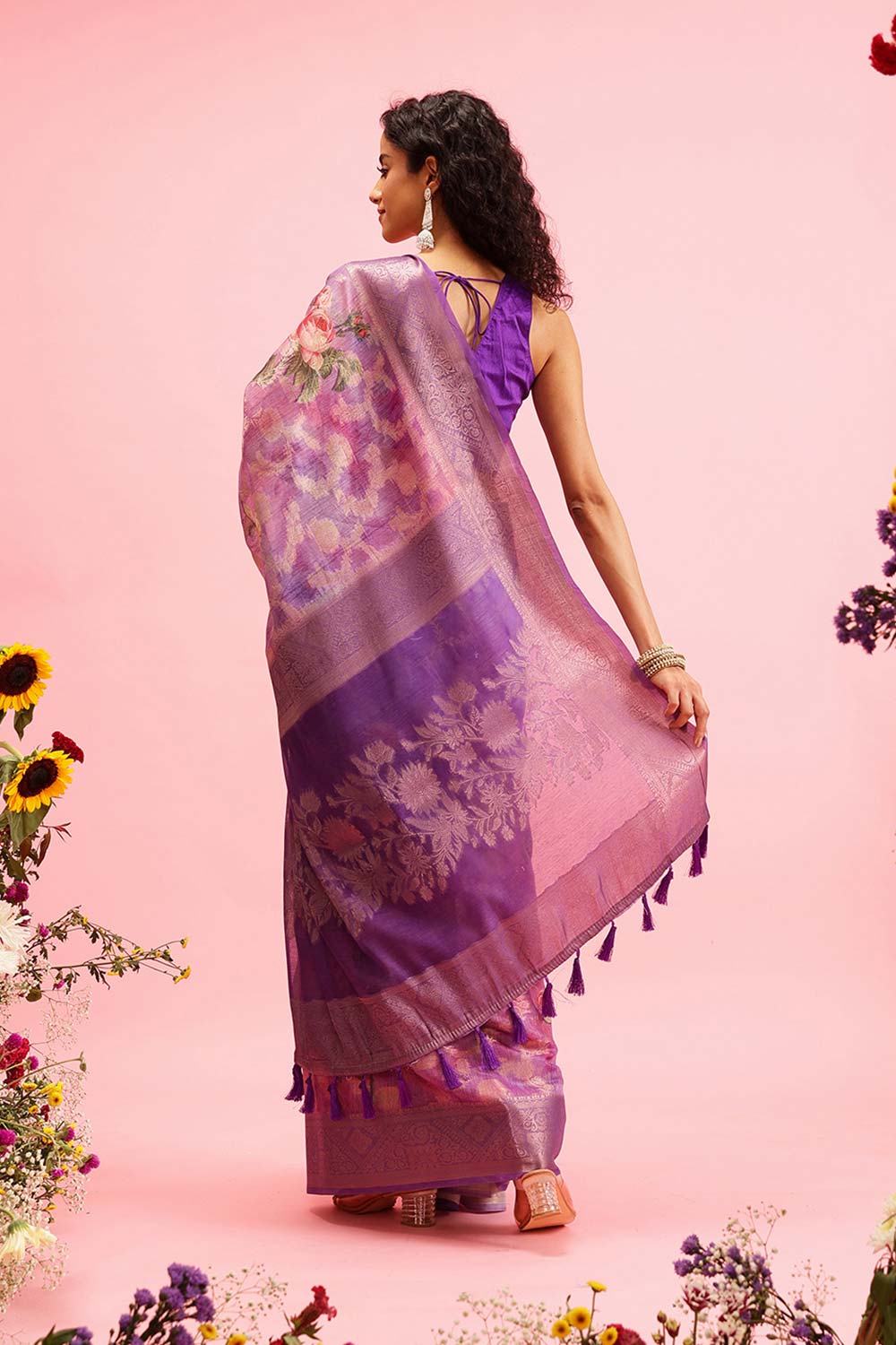 Lavender Cotton Digital Print Banarasi Saree