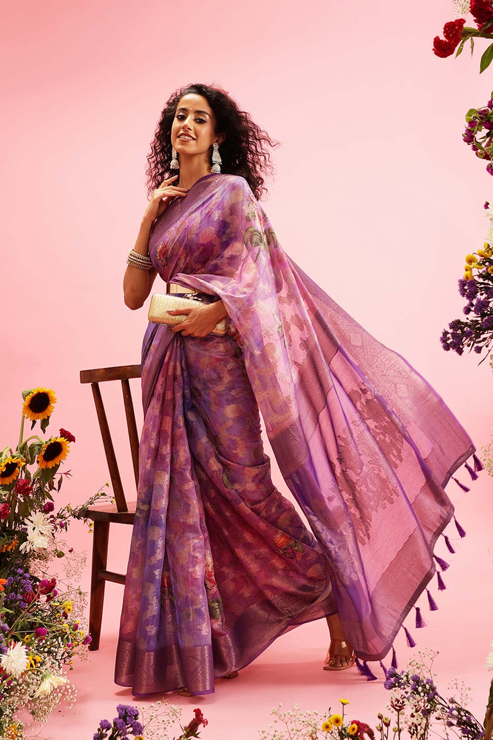 Lavender Cotton Digital Print Banarasi Saree