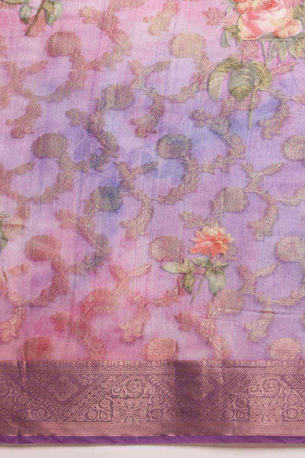 Lavender Cotton Digital Print Banarasi Saree