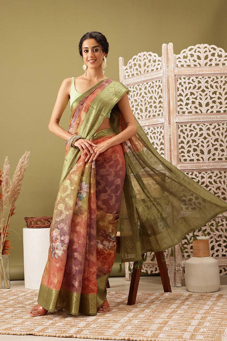 Olive Cotton Digital Print Banarasi Saree