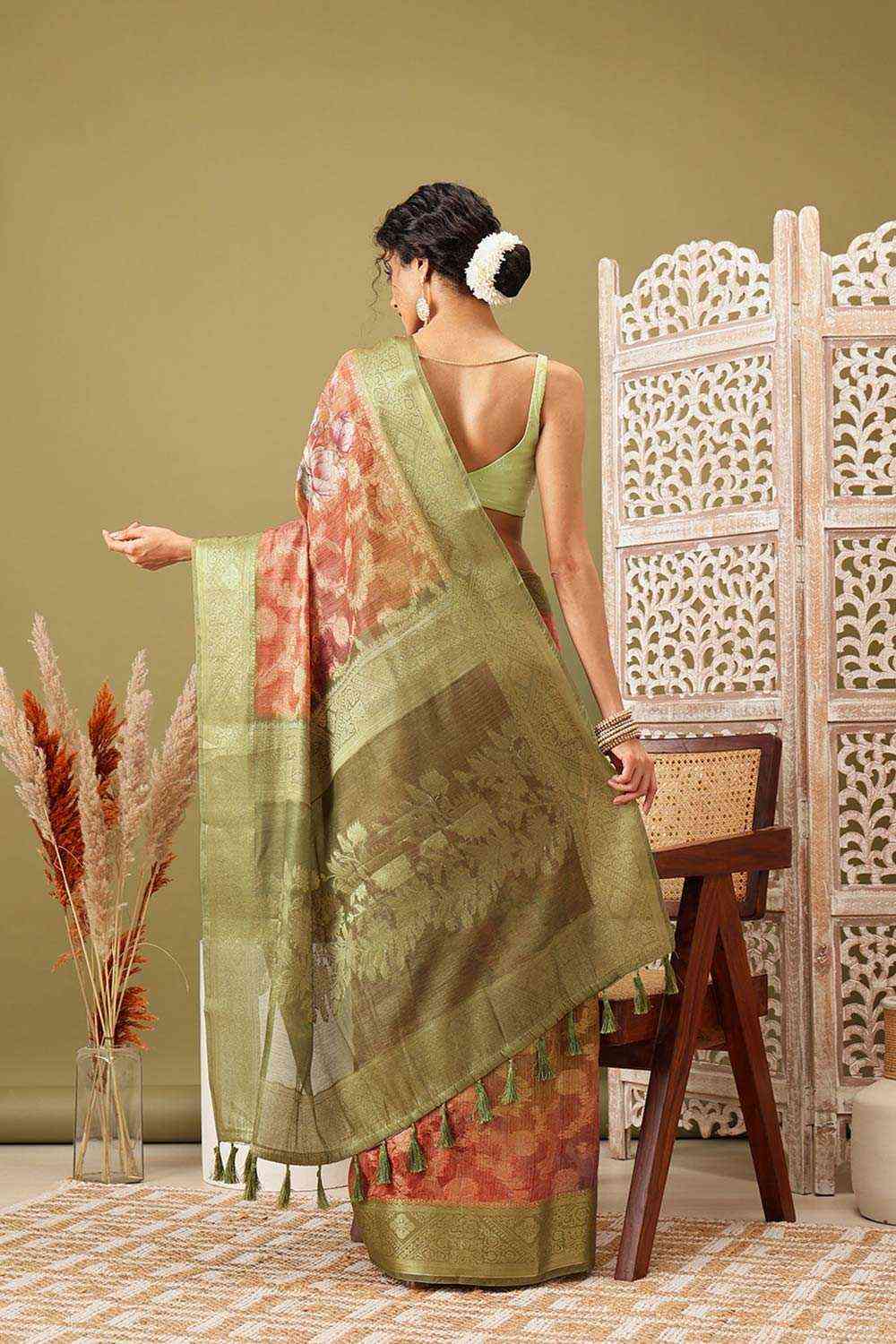 Olive Cotton Digital Print Banarasi Saree