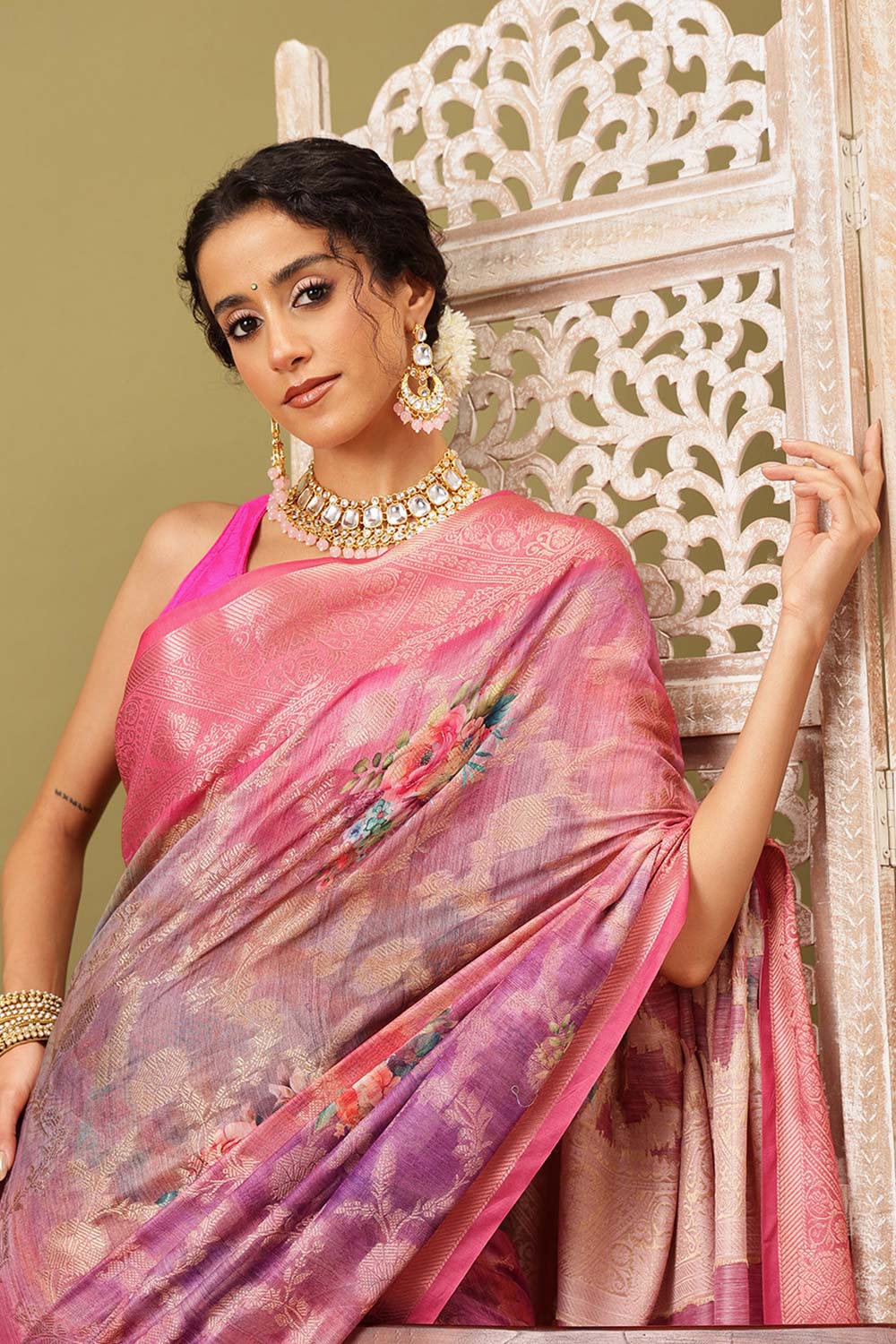 Pink Cotton Digital Print Banarasi Saree