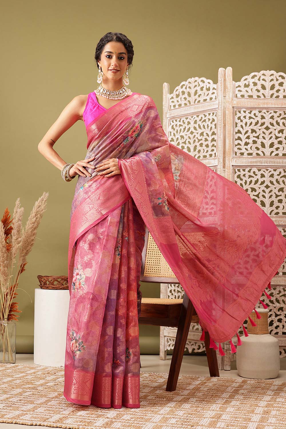 Pink Cotton Digital Print Banarasi Saree