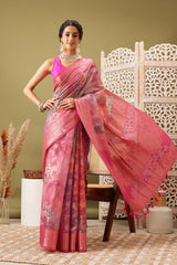 Pink Cotton Digital Print Banarasi Saree