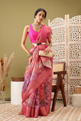 Pink Cotton Digital Print Banarasi Saree