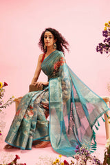 Teal Cotton Digital Print Banarasi Saree