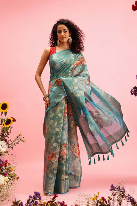 Teal Cotton Digital Print Banarasi Saree