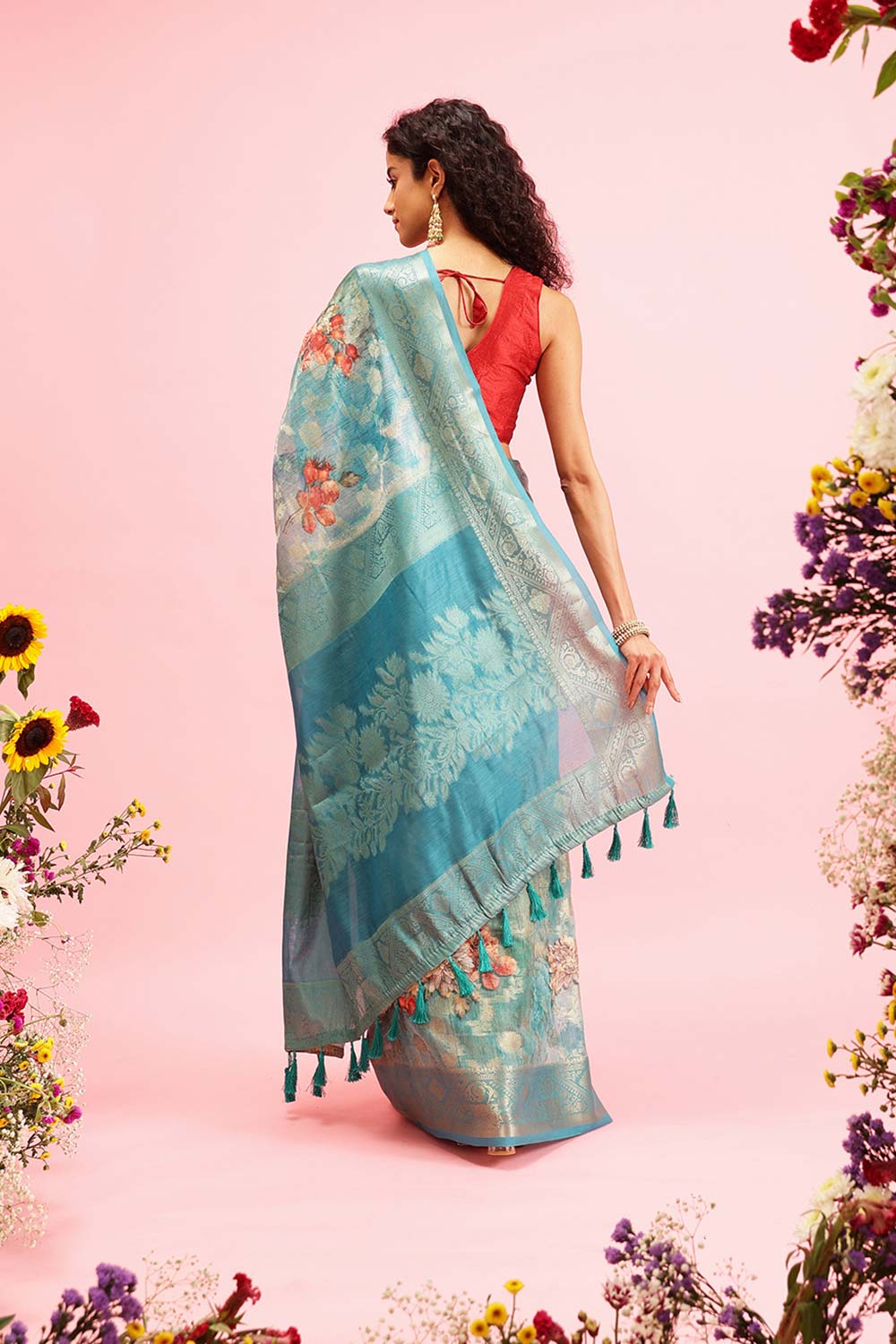 Teal Cotton Digital Print Banarasi Saree