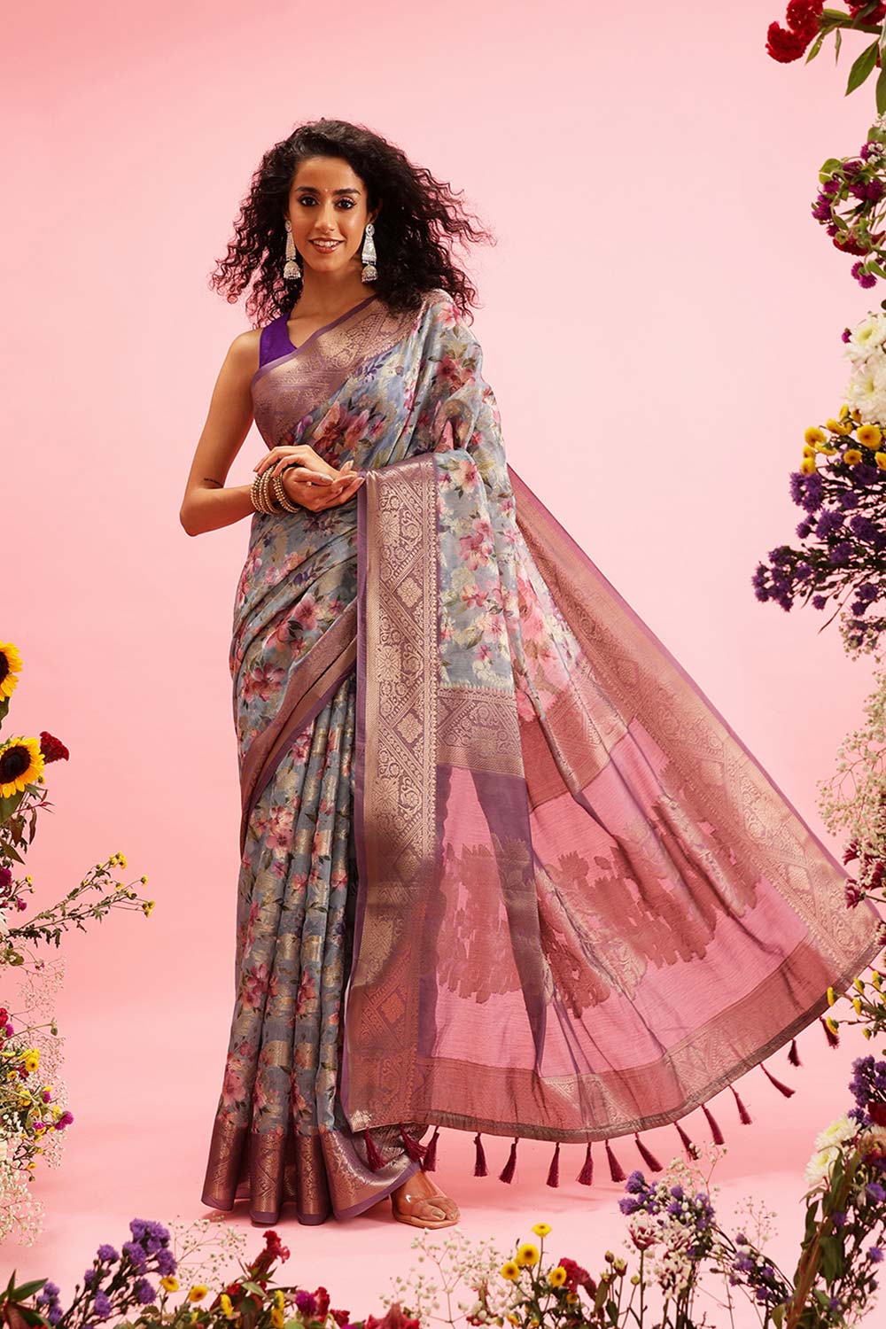 Grey Cotton Digital Print Banarasi Saree