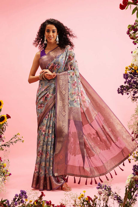 Grey Cotton Digital Print Banarasi Saree