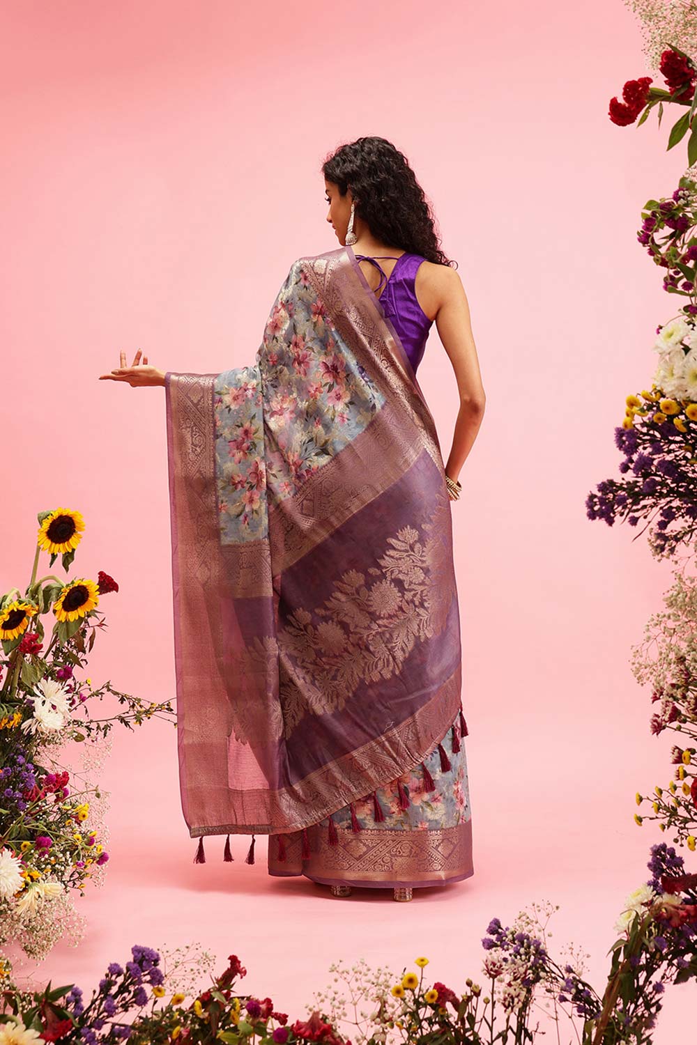 Grey Cotton Digital Print Banarasi Saree