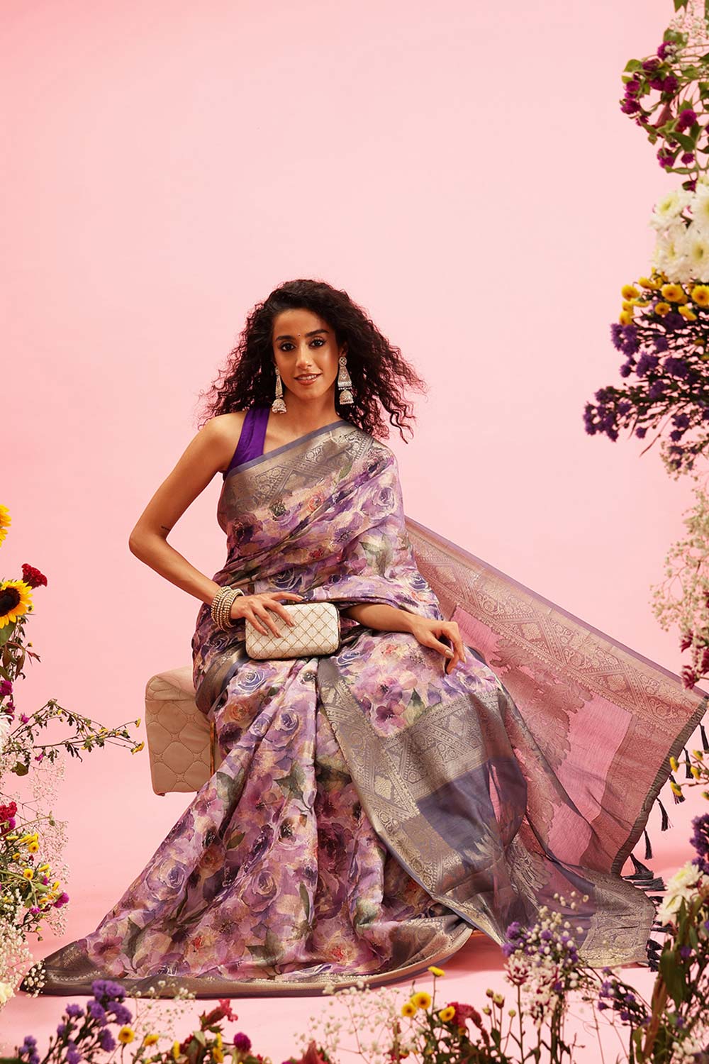 Lavender Cotton Digital Print Banarasi Saree