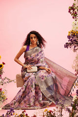 Lavender Cotton Digital Print Banarasi Saree