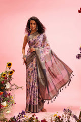 Lavender Cotton Digital Print Banarasi Saree