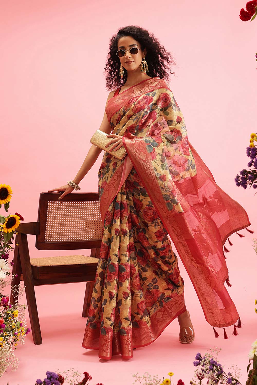 Mustard Cotton Digital Print Banarasi Saree