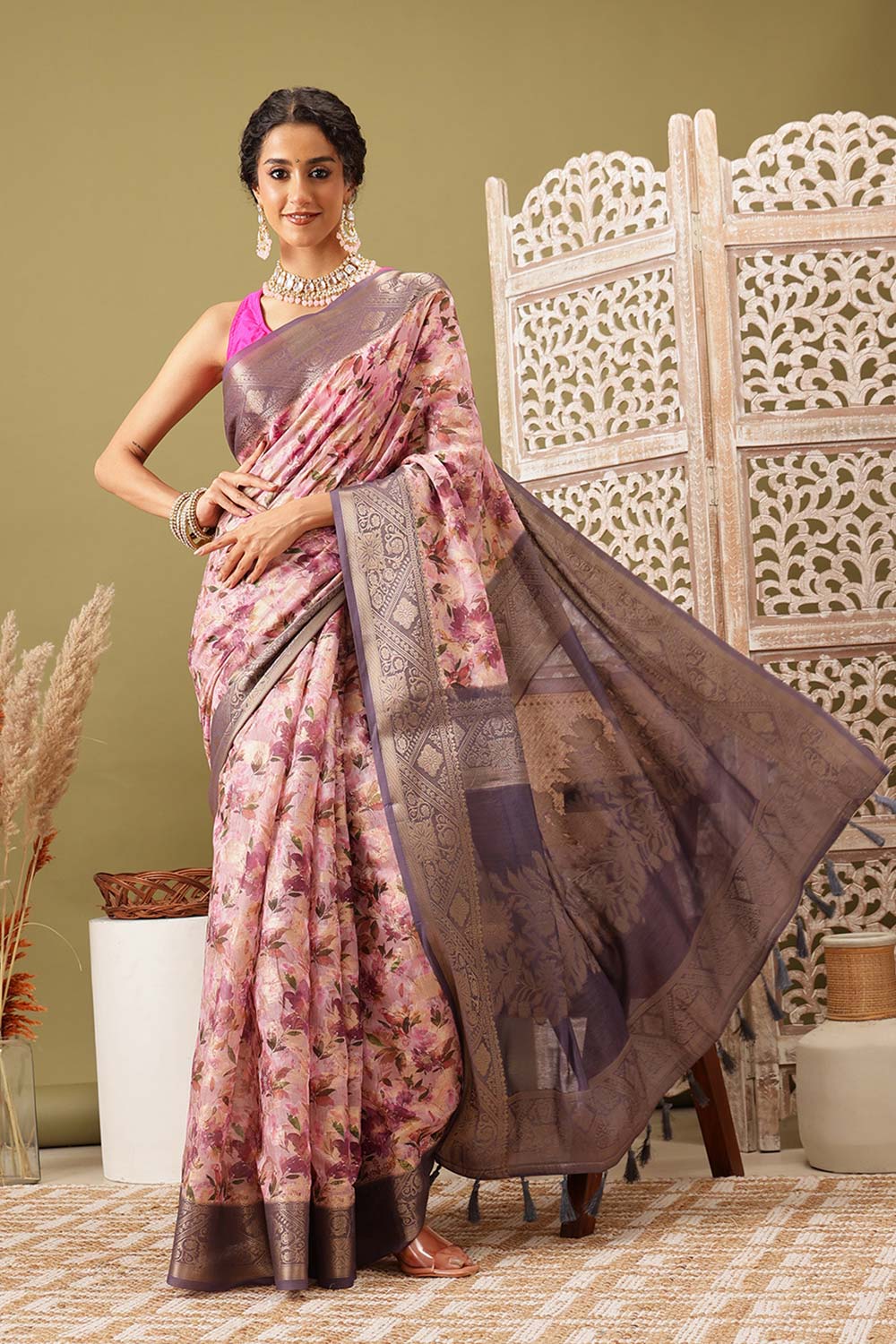 Pink Cotton Digital Print Banarasi Saree