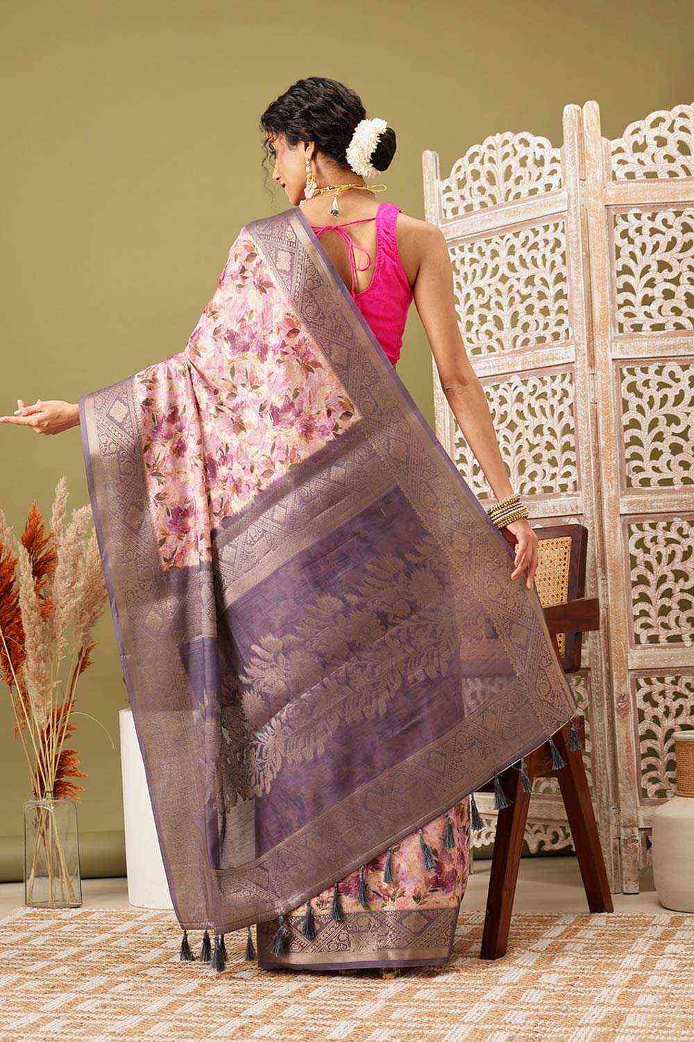 Pink Cotton Digital Print Banarasi Saree