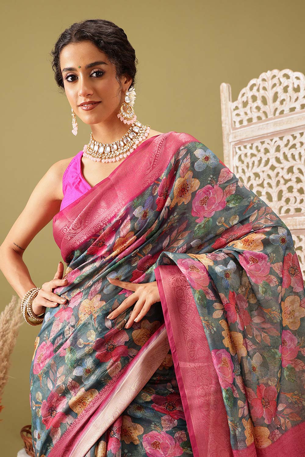 Teal Cotton Digital Print Banarasi Saree