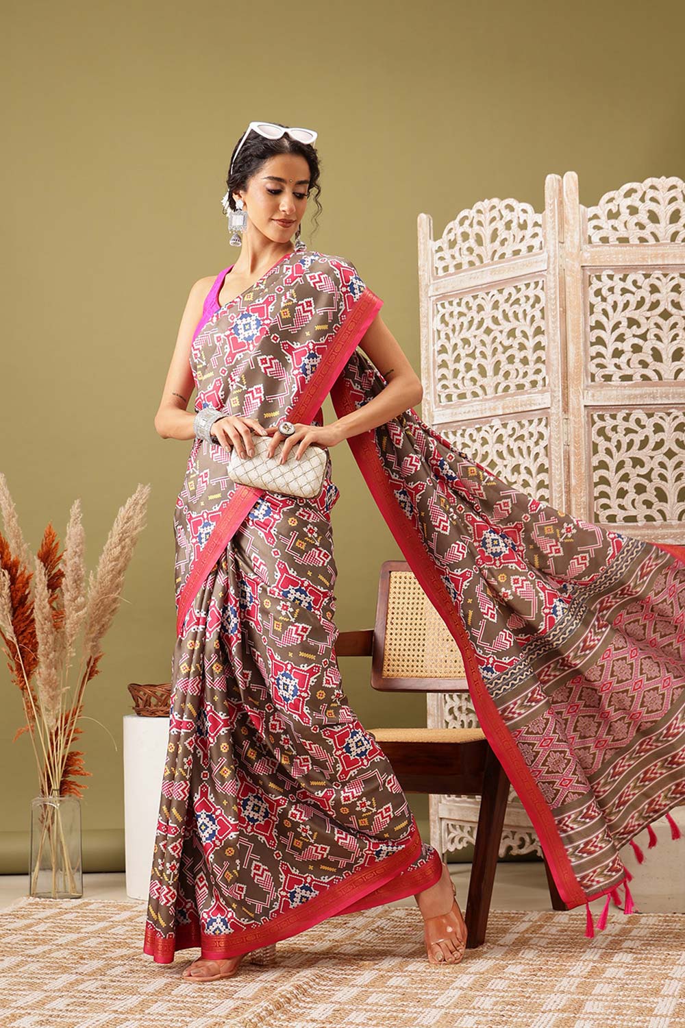 Olive Soft Silk Digital Print Pochampally Saree