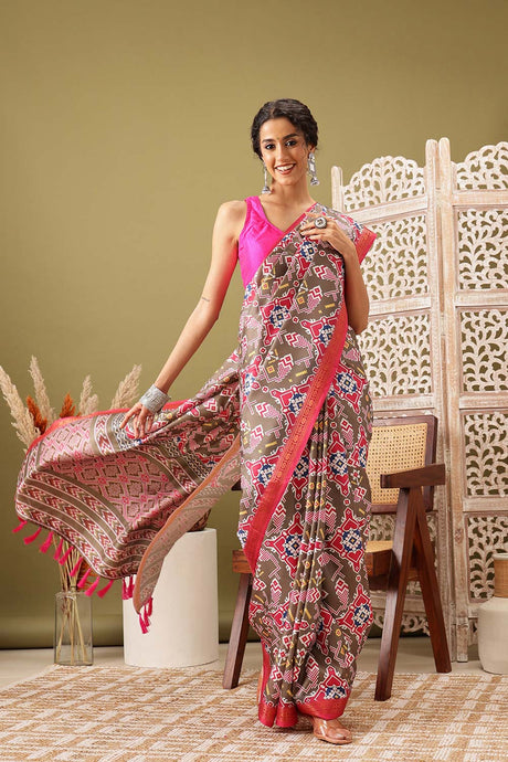 Olive Soft Silk Digital Print Pochampally Saree