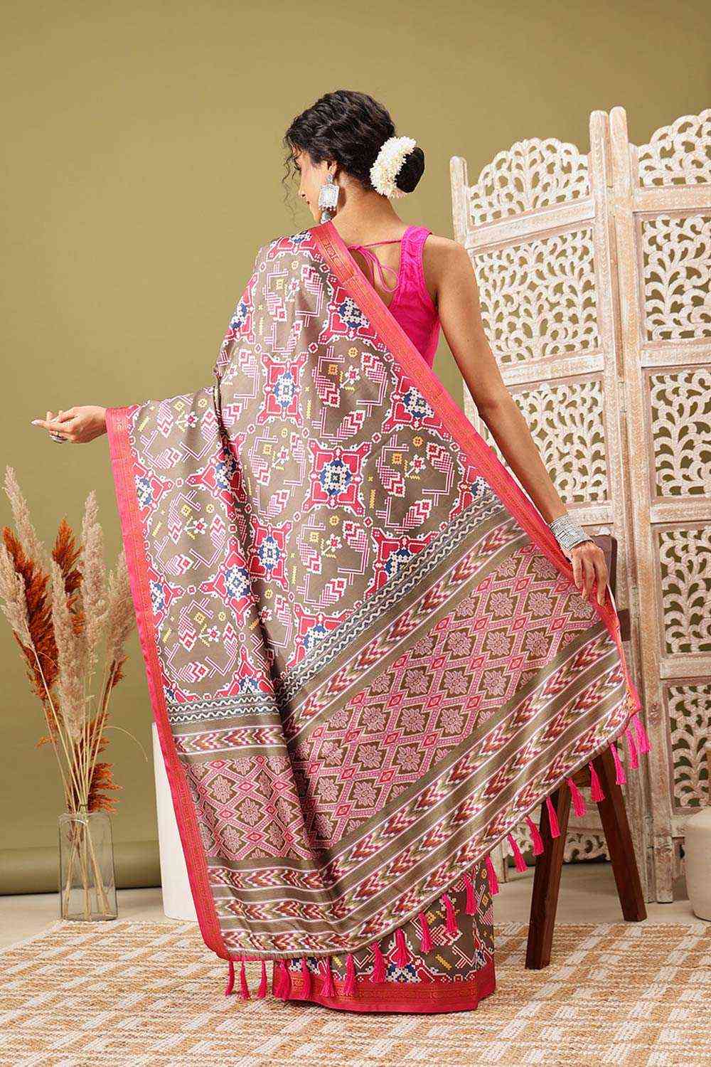 Olive Soft Silk Digital Print Pochampally Saree