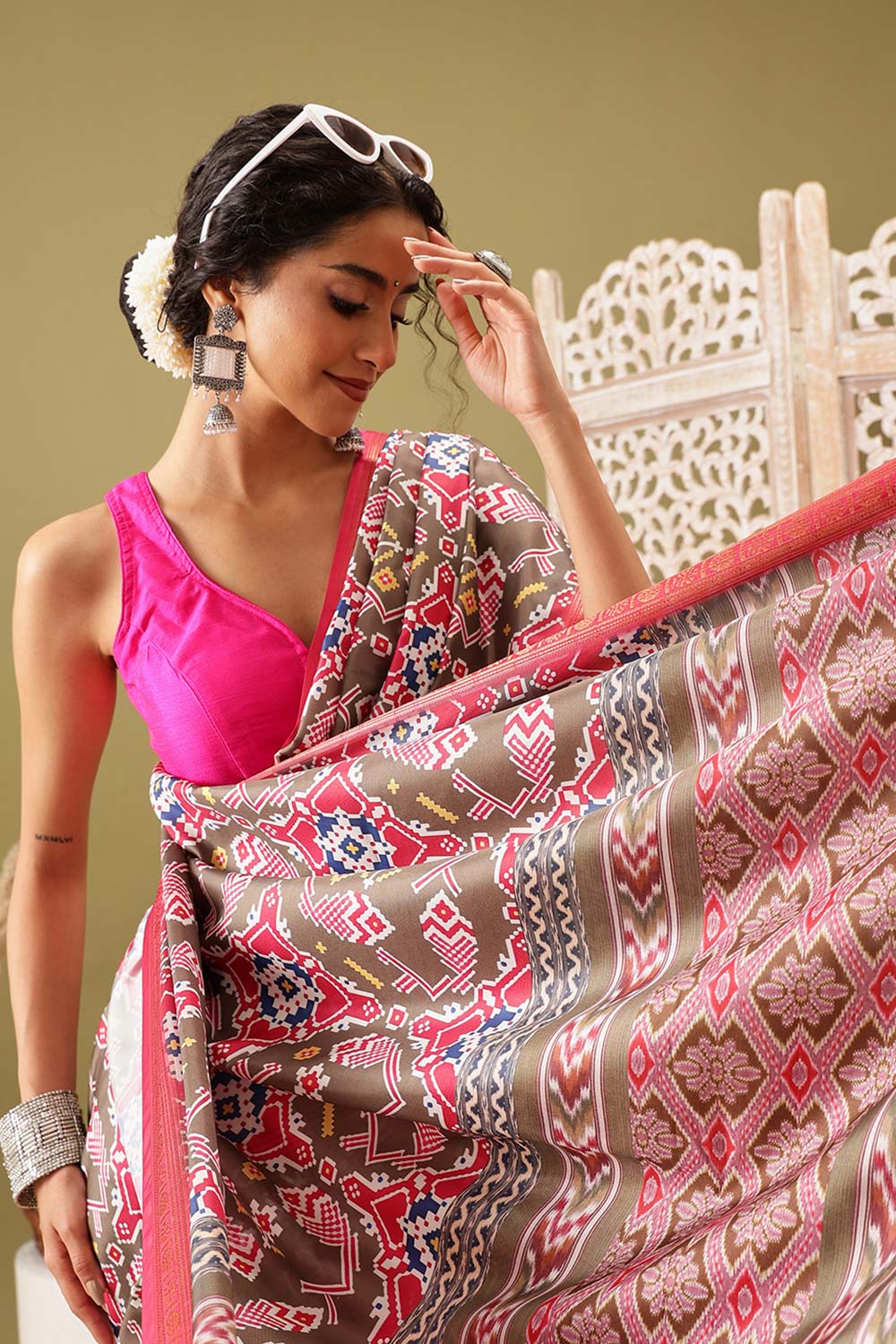 Olive Soft Silk Digital Print Pochampally Saree