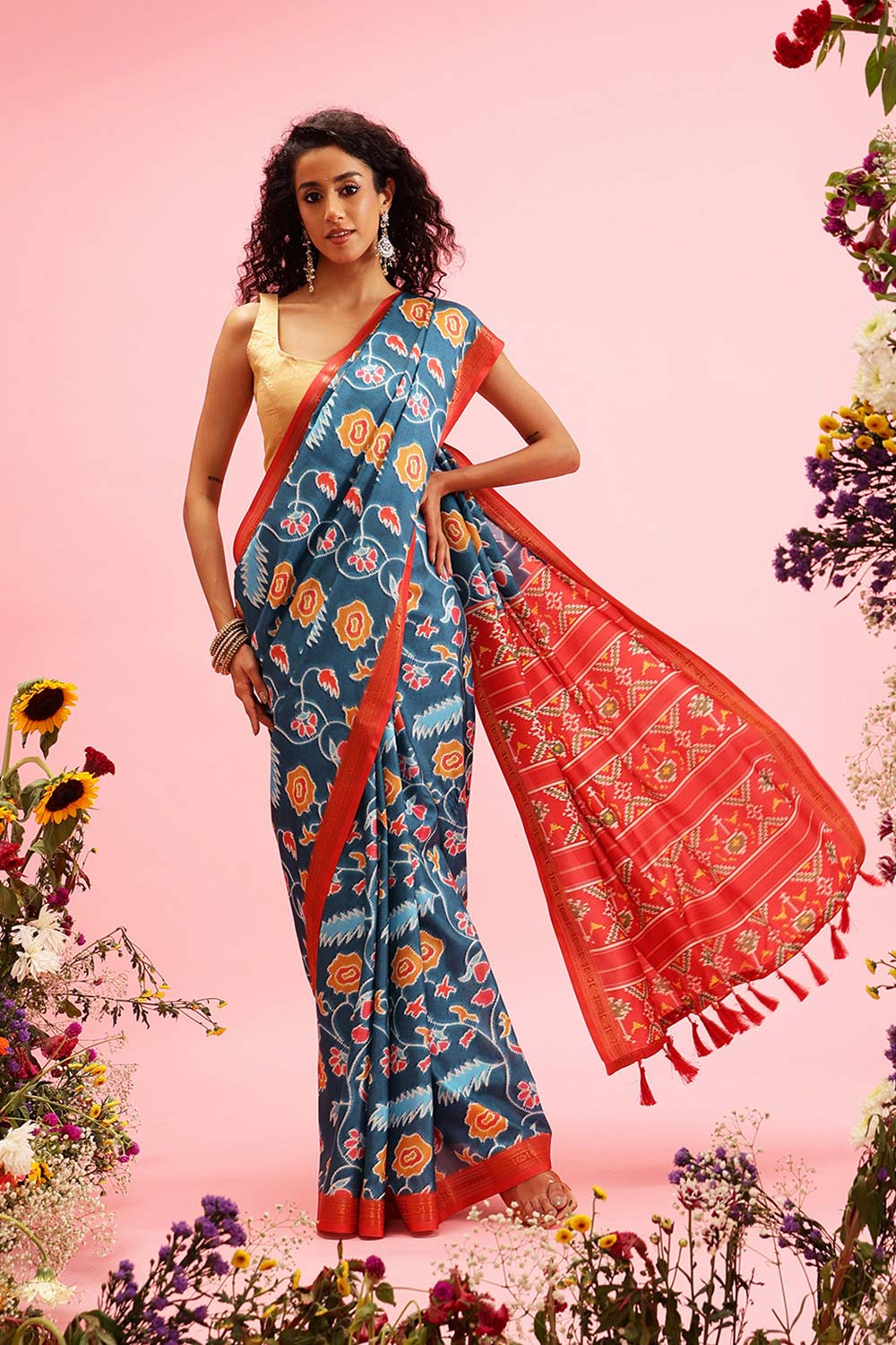 Teal Soft Silk Digital Print Pochampally Saree