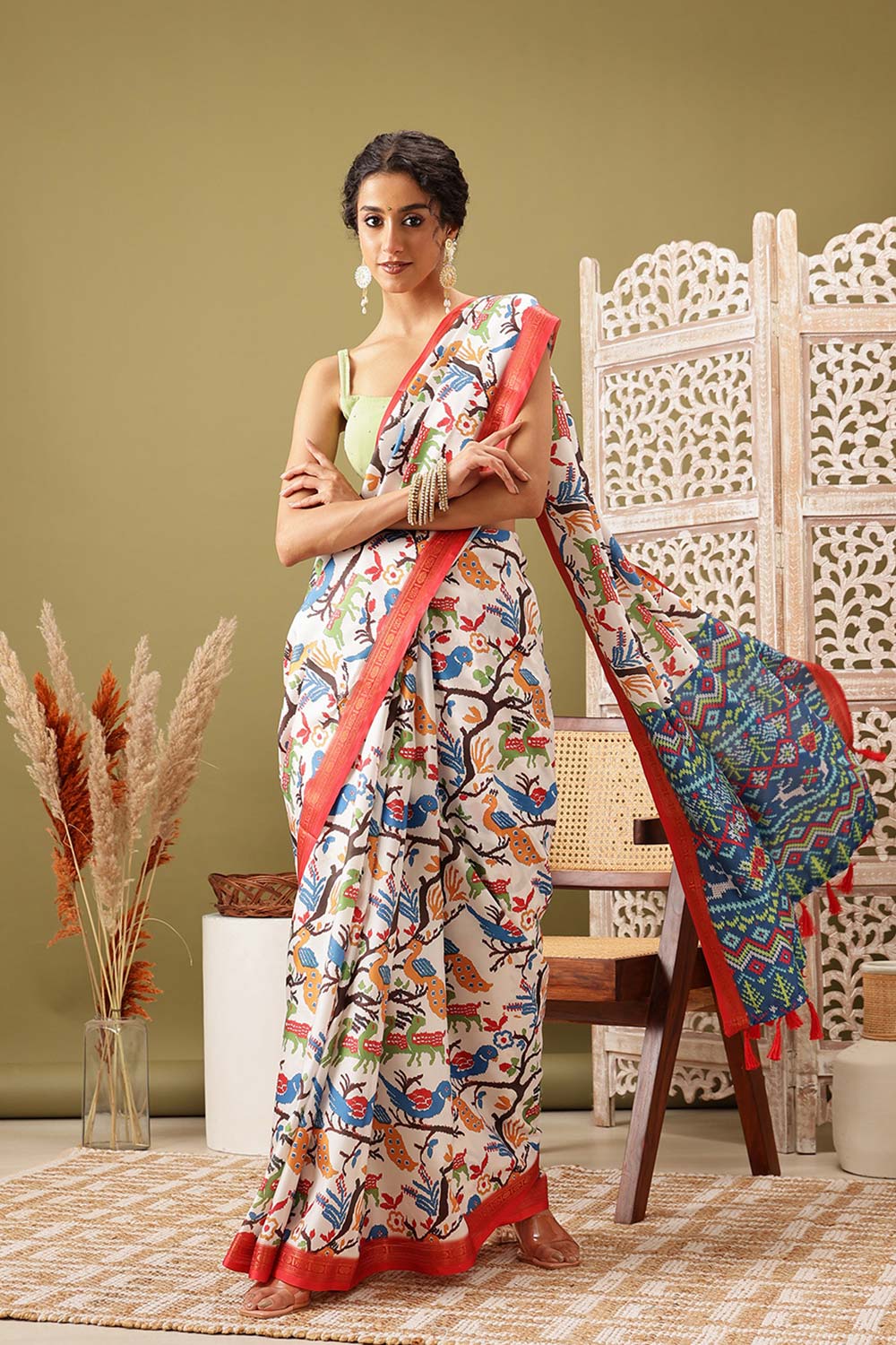 White Soft Silk Digital Print Pochampally Saree