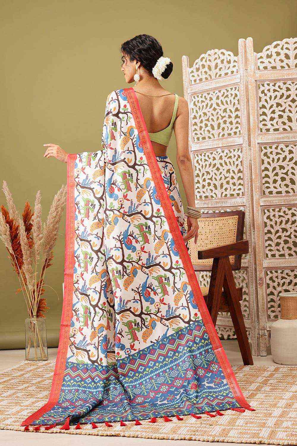 White Soft Silk Digital Print Pochampally Saree