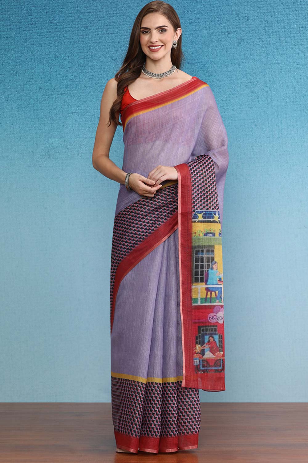 Lavender Cotton Zari Tissue Printed Saree