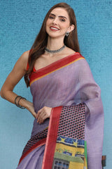 Lavender Cotton Zari Tissue Printed Saree