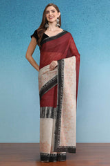 Maroon Cotton Zari Tissue Printed Saree