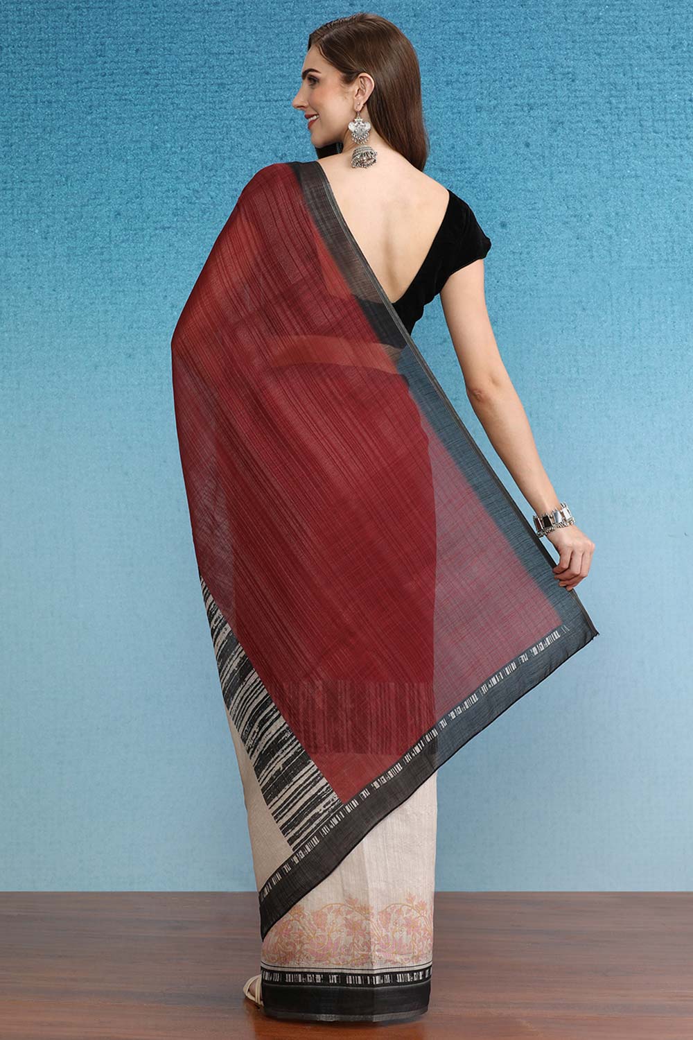 Maroon Cotton Zari Tissue Printed Saree