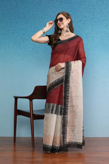 Maroon Cotton Zari Tissue Printed Saree