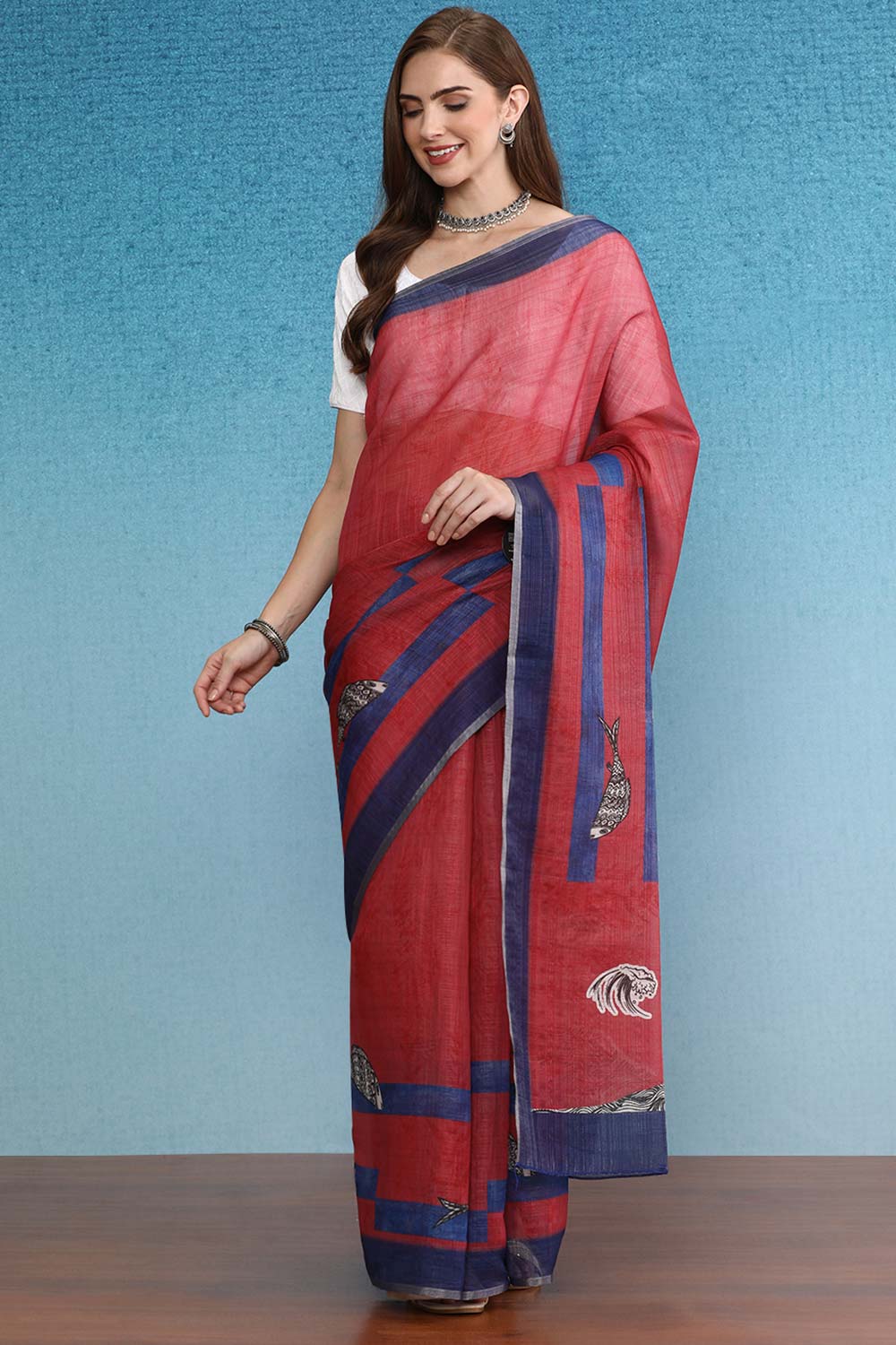 Red Cotton Zari Tissue Printed Saree