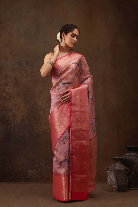 Light Pink Floral Chanderi Kamlamkari Art Silk Saree