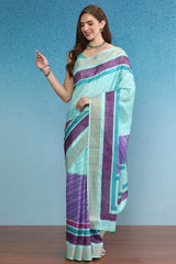 Blocky Stripes Soft Silk Zari Border Printed Saree