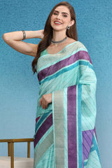 Blocky Stripes Soft Silk Zari Border Printed Saree